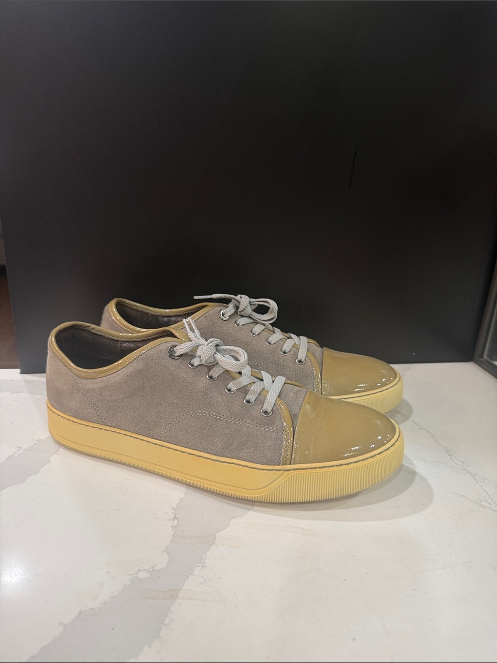 Lanvin Men's Beige Suede Sneakers with Yellow Patent Toe